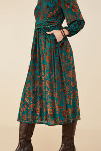 HY8980 Teal Womens Burnout Floral Sash Detail Velvet Dress Front