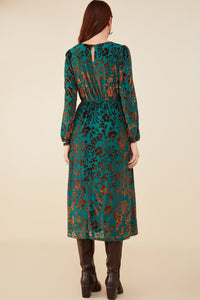 HY8980 Teal Womens Burnout Floral Sash Detail Velvet Dress Detail