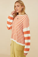 HY8992 Pink Womens Ultra Soft Stripe Blocked Pullover Sweater Front