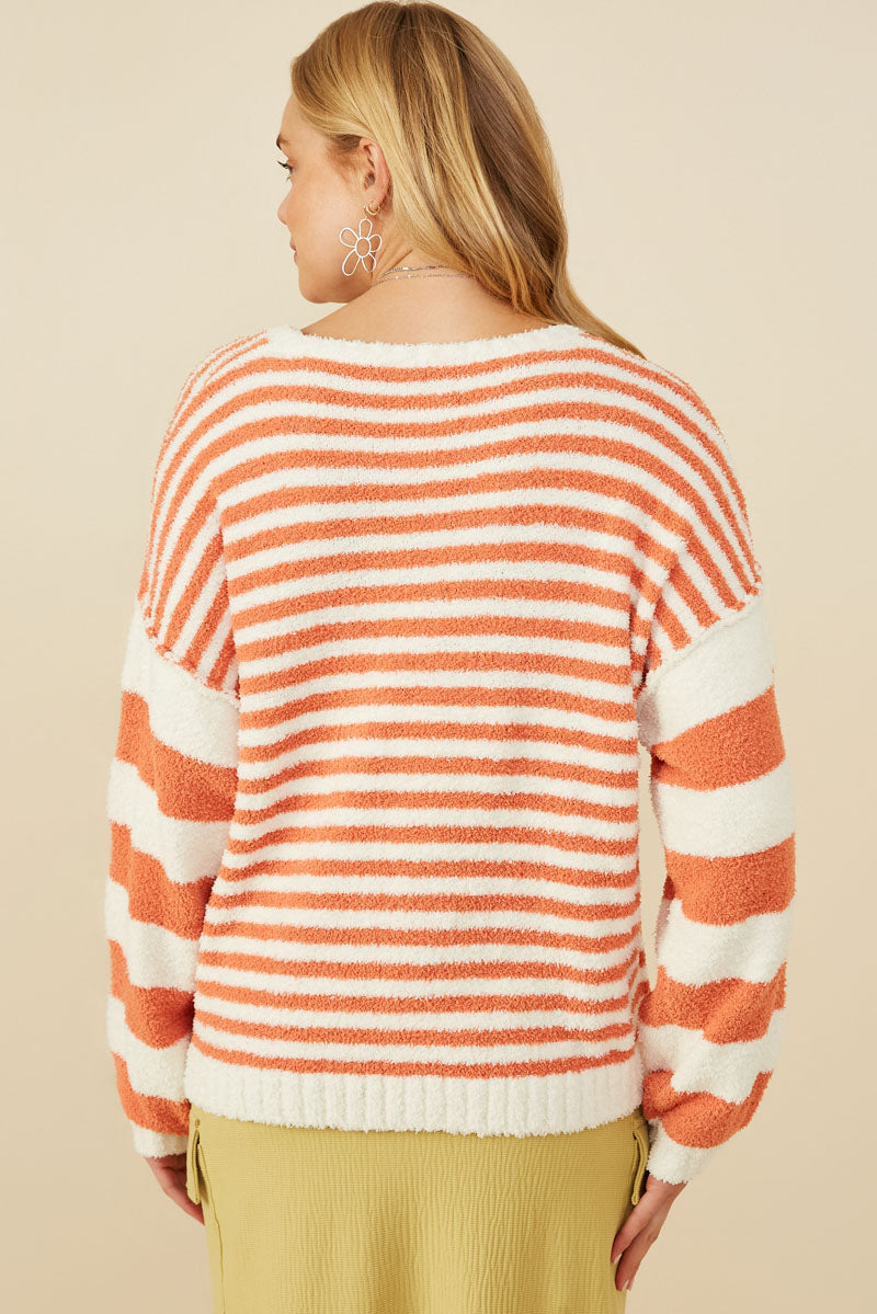 HY8992 Navy Womens Ultra Soft Stripe Blocked Pullover Sweater Pose