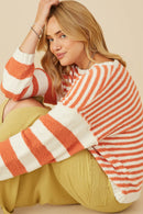 HY8992W Navy Plus Ultra Soft Stripe Blocked Pullover Sweater Pose