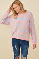 HY8993 Pink Mix Womens Ultra Soft Multicolor Stripe Pullover Sweater Front