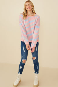 HY8993 Pink Womens Ultra Soft Multicolor Stripe Pullover Sweater Gif