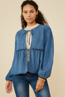 HY8995 Mid Denim Womens Ruffle Detail Tie Front Denim Cardigan Front