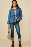 HY8995 Mid Denim Womens Ruffle Detail Tie Front Denim Cardigan Full Body