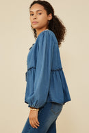 HY8995 Mid Denim Womens Ruffle Detail Tie Front Denim Cardigan Side