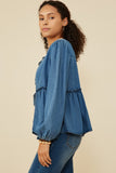 HY8995 Mid Denim Womens Ruffle Detail Tie Front Denim Cardigan Side