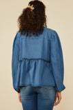 HY8995 Mid Denim Womens Ruffle Detail Tie Front Denim Cardigan Back