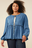 HY8995W Mid Denim Plus Ruffle Detail Tie Front Denim Cardigan Front