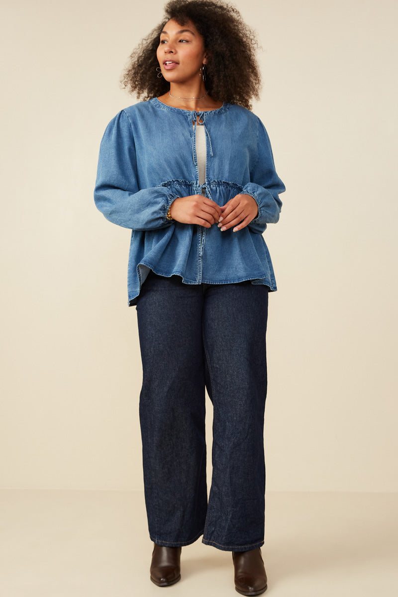 HY8995W Mid Denim Plus Ruffle Detail Tie Gif Denim Cardigan Gif
