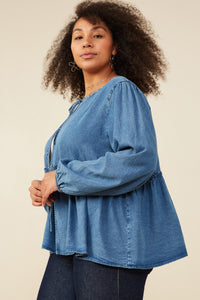 HY8995W Mid Denim Plus Ruffle Detail Tie Front Denim Cardigan Full Body