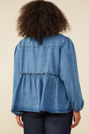HY8995W Mid Denim Plus Ruffle Detail Tie Front Denim Cardigan Side
