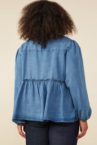 HY8995W Mid Denim Plus Ruffle Detail Tie Front Denim Cardigan Side