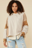 HY8999 Taupe Womens Stripe And Color Block Sleeve Detail Knit Top Front