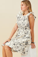 HY9032W Black Plus Antique Floral Smock And Ruffle Dress Front
