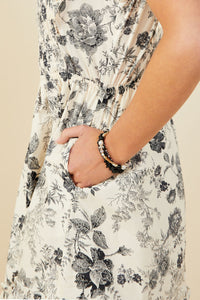 HY9032 Black Womens Antique Floral Smock And Ruffle Dress Full Body