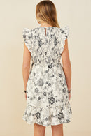 HY9032 Black Womens Antique Floral Smock And Ruffle Dress Side