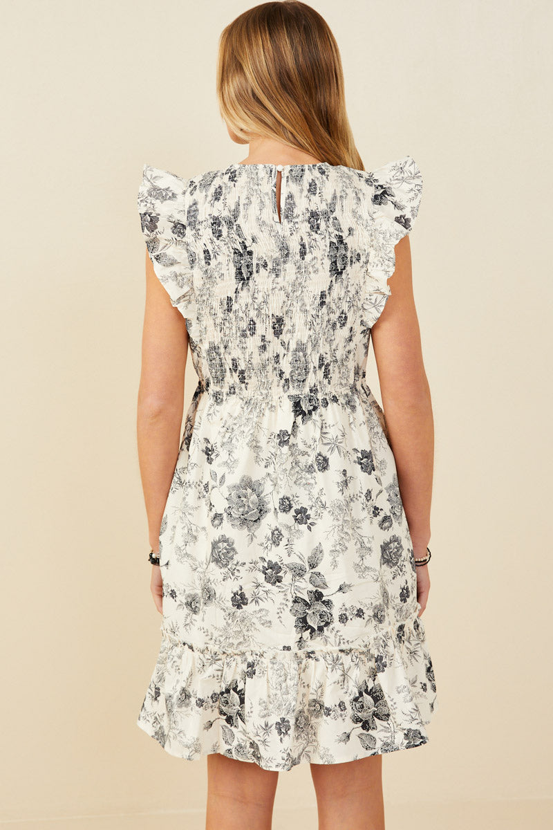 HY9032 Black Womens Antique Floral Smock And Ruffle Dress Side