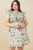 HY9032 Black Womens Antique Floral Smock And Ruffle Dress Pose