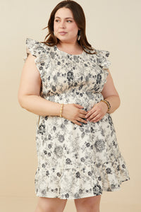 HY9032 Black Womens Antique Floral Smock And Ruffle Dress Pose