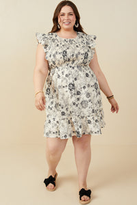 HY9032W Black Plus Antique Floral Smock And Ruffle Dress Gif