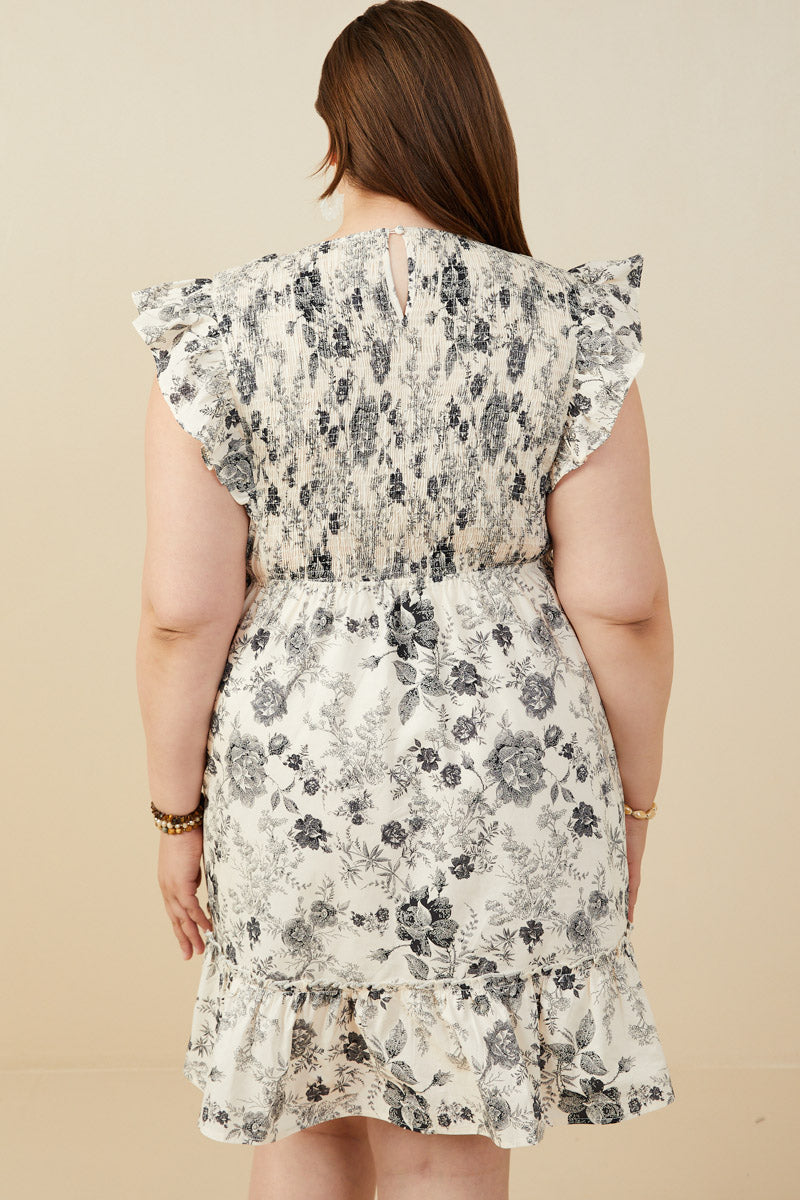 HY9032W Black Plus Antique Floral Smock And Ruffle Dress Detail