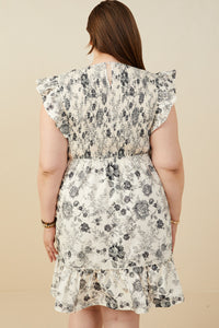 HY9032W Black Plus Antique Floral Smock And Ruffle Dress Detail