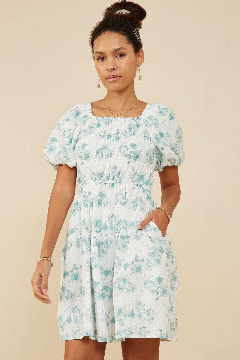 Textured Floral Puff Sleeve Self Tie Dress