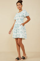 HY9034 Jade Womens Textured Floral Puff Sleeve Self Tie Dress Gif