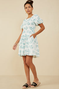 HY9034 Jade Womens Textured Floral Puff Sleeve Self Tie Dress Gif