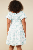 HY9034W Jade Plus Textured Floral Puff Sleeve Self Tie Dress Full Body