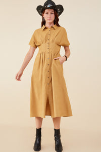 HY9055 Camel Womens Pintucked Waist Button Up Corduroy Dress Full Body