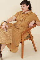 HY9055W Camel Plus Pintucked Waist Button Up Corduroy Dress Pose