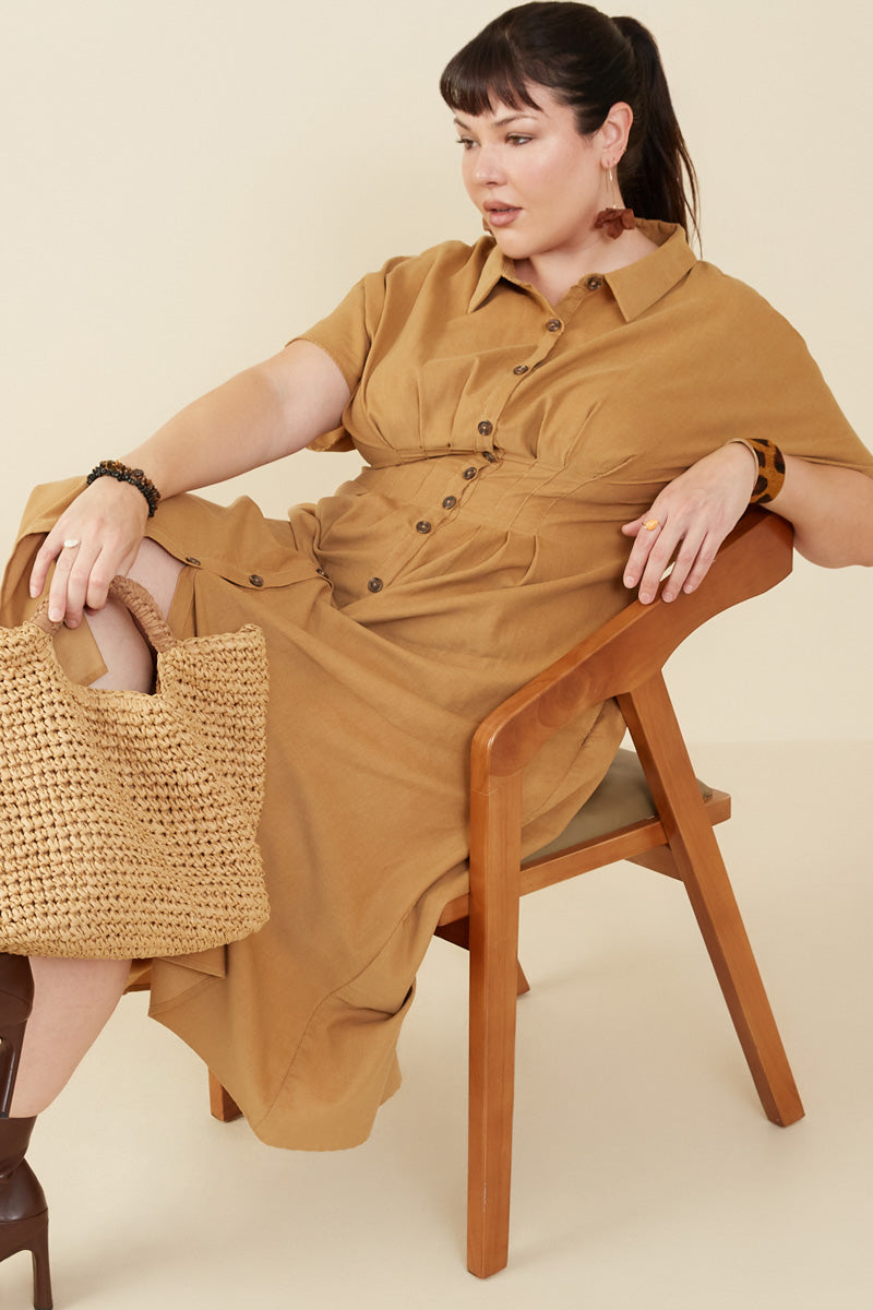 Pintucked Waist Button Up Corduroy Dress