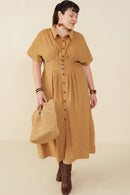 HY9055W Camel Plus Pintucked Waist Button Up Corduroy Dress Side