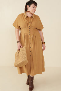 HY9055W Camel Plus Pintucked Waist Button Up Corduroy Dress Side