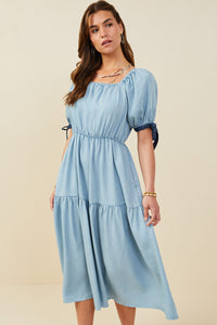 HY9060W Light Denim Plus Contrast Tie Sleeve Washed Tencel Dress Full Body