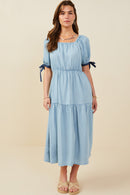 HY9060 Light Denim Womens Contrast Tie Sleeve Washed Tencel Dress Gif