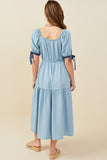 HY9060 Light Denim Womens Contrast Tie Sleeve Washed Tencel Dress Detail