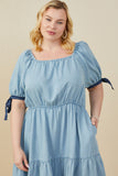 HY9060 Light Denim Womens Contrast Tie Sleeve Washed Tencel Dress Back