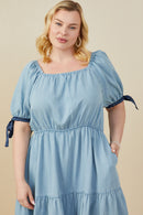 HY9060 Light Denim Womens Contrast Tie Sleeve Washed Tencel Dress Back