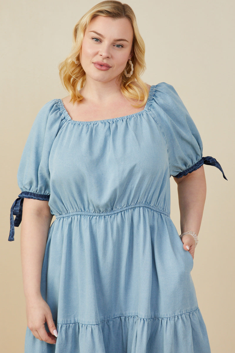 HY9060 Light Denim Womens Contrast Tie Sleeve Washed Tencel Dress Back