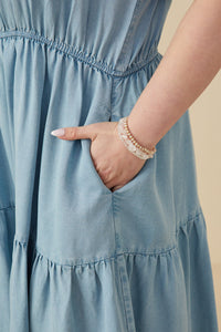 HY9060W Light Denim Plus Contrast Tie Sleeve Washed Tencel Dress Gif