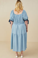 HY9060W Light Denim Plus Contrast Tie Sleeve Washed Tencel Dress Front