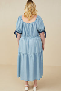 HY9060W Light Denim Plus Contrast Tie Sleeve Washed Tencel Dress Front