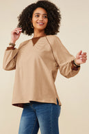 HY9075 Camel Womens Contrast Detail Brushed Striped Knit Sweatshirt Pose