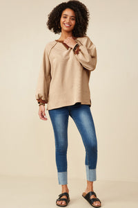 HY9075 Camel Womens Contrast Detail Brushed Striped Knit Sweatshirt Gif