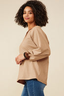 HY9075 Camel Womens Contrast Detail Brushed Striped Knit Sweatshirt Full Body