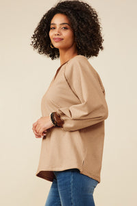 HY9075 Camel Womens Contrast Detail Brushed Striped Knit Sweatshirt Full Body