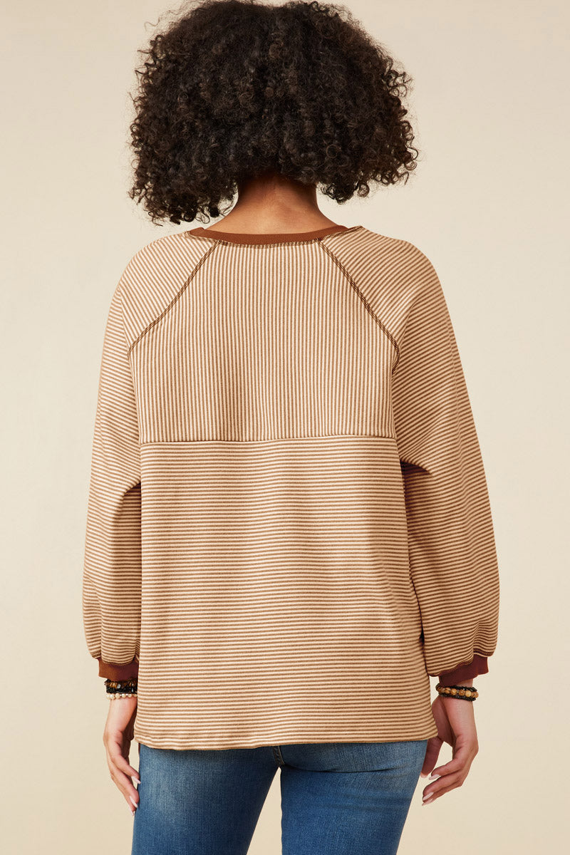 HY9075 Camel Womens Contrast Detail Brushed Striped Knit Sweatshirt Side